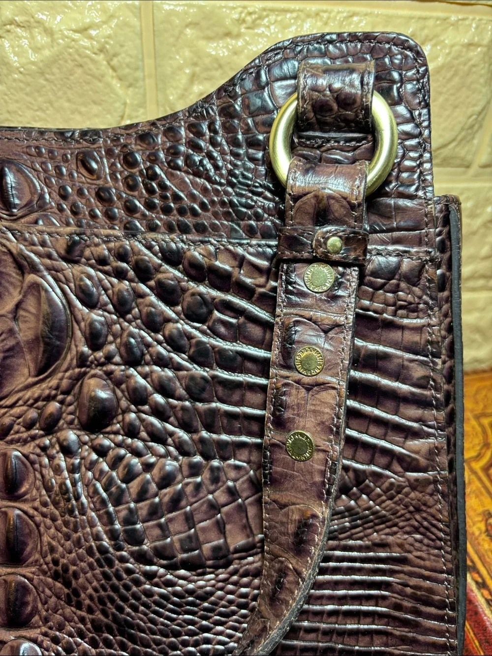 Brahmin Croc-Embossed Leather Shoulder Bag in Dark Brown w Burgundy Tones